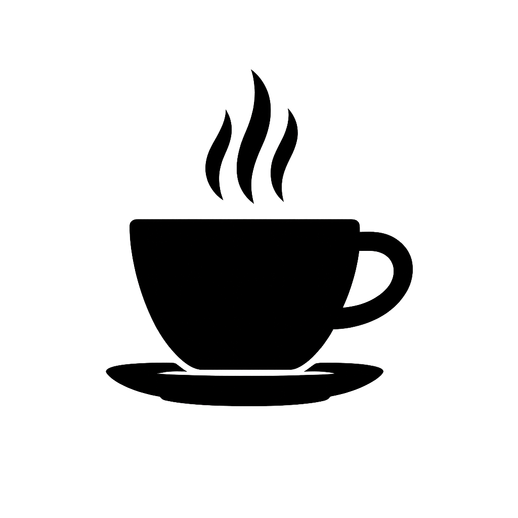 Black icon of a steaming cup on a saucer on gray background